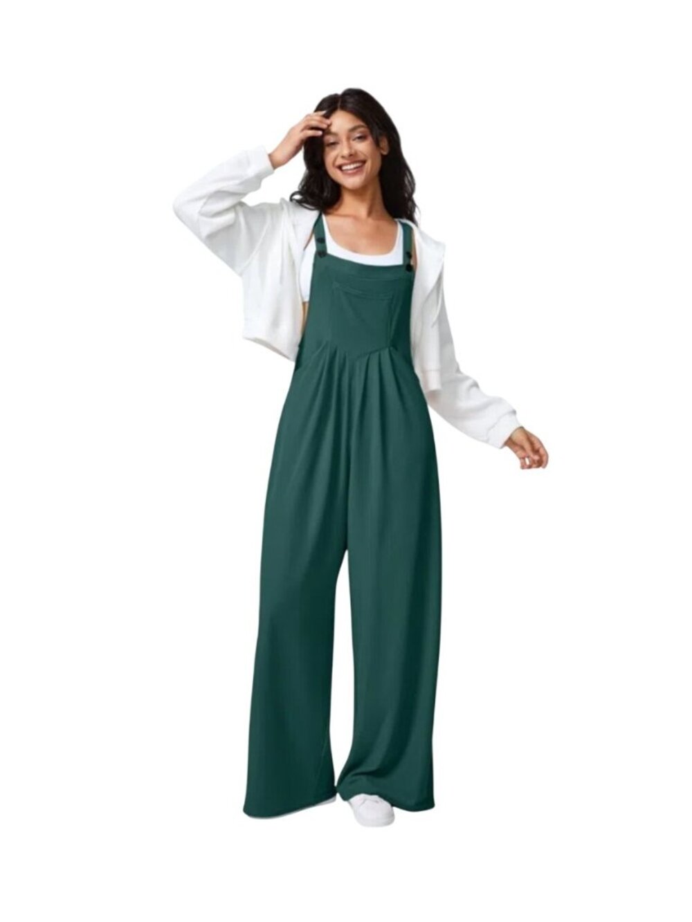Halara Wide-Leg waffle knit pockets pleated Overalls Adjustable Straps Forest bi